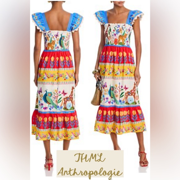THML Dresses & Skirts - THML Tropical Animal Print Smocked Midi Dress Small Anthropologie NWT